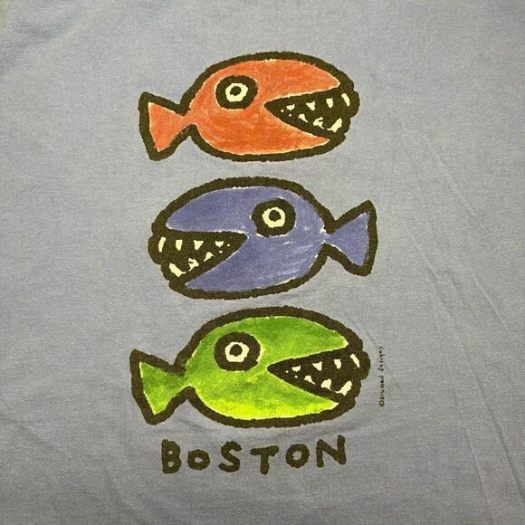 Vtg 90s Big Hed Designs Cartoon Fish Boston Single Stitch Blue Size XL - Picture 3 of 7